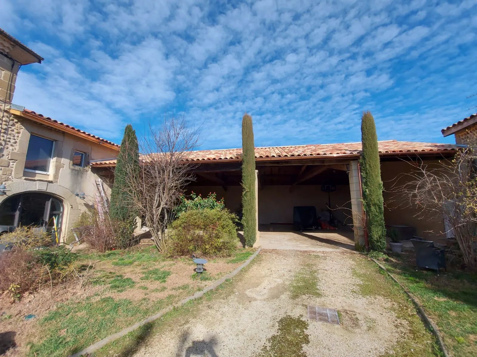 Maison avec cactus dans un jardin sec
